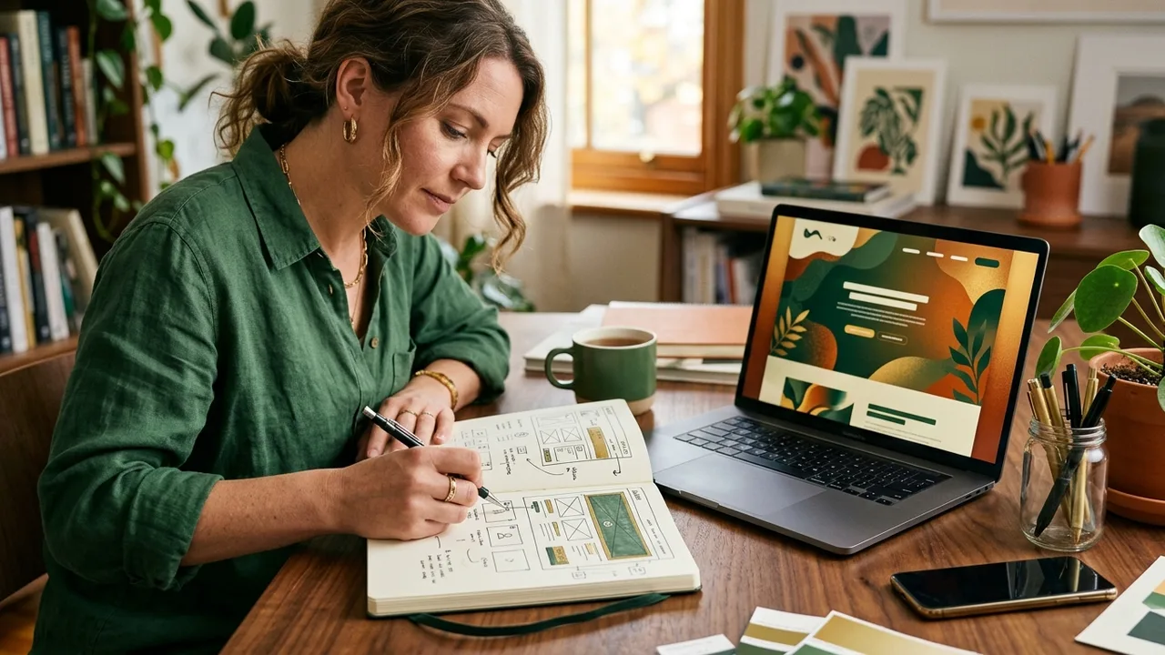 Adelaide web designer sketching a custom website layout at a studio desk