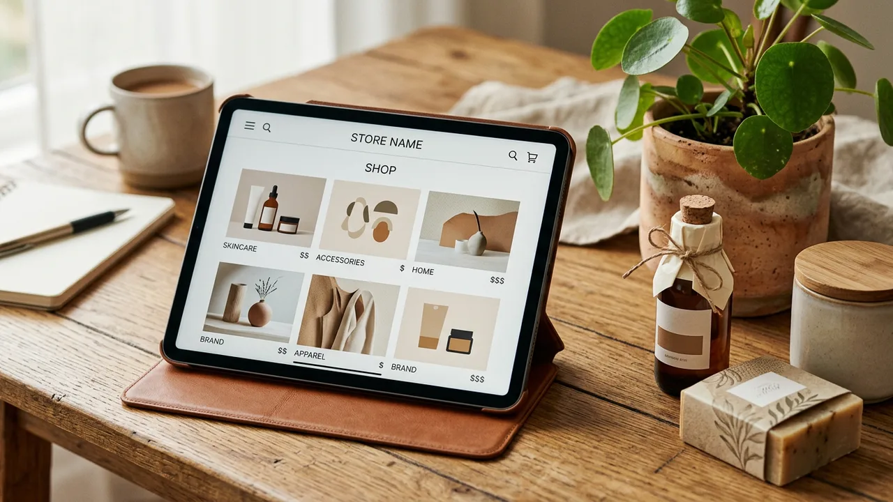 Online store product page shown on a tablet with packaged goods nearby