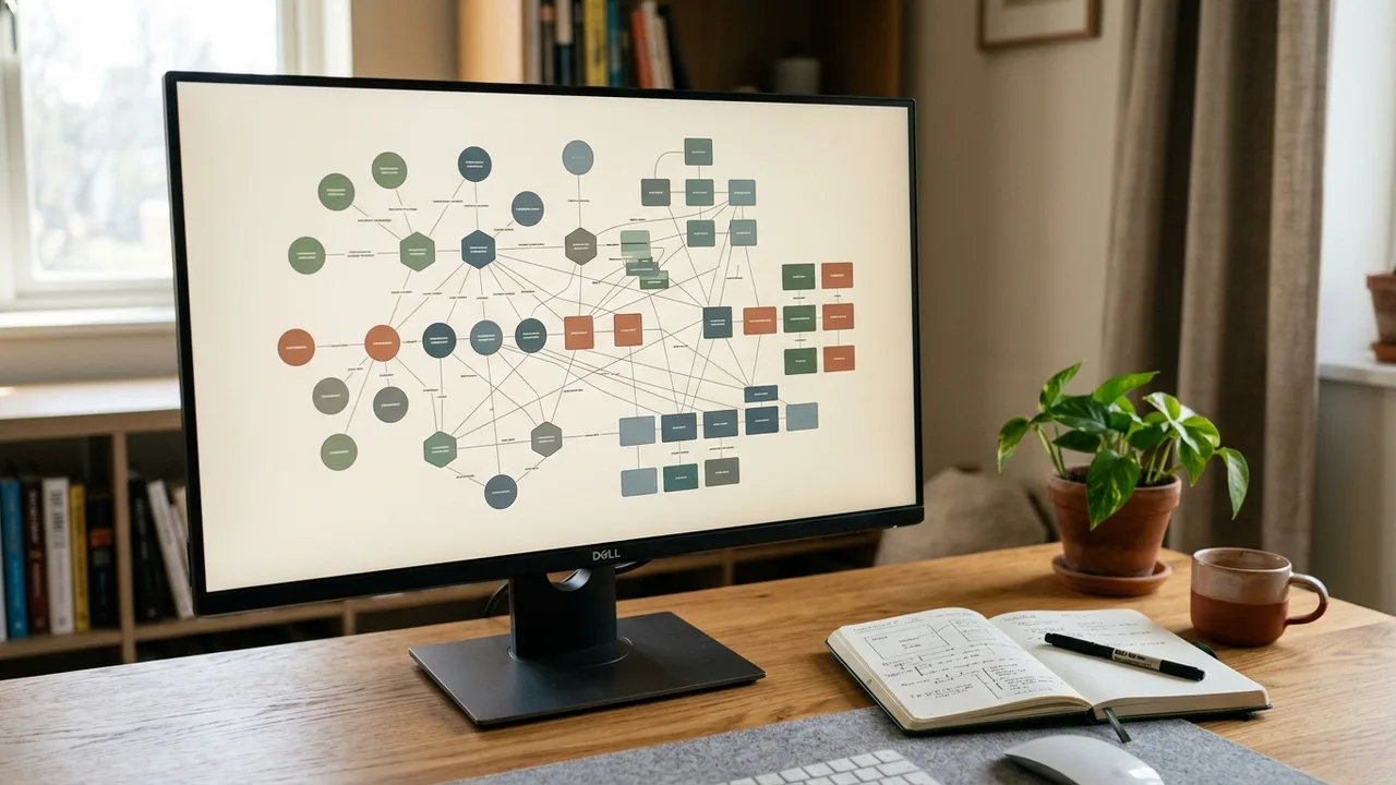 Search results and site structure diagram on a monitor in a workspace