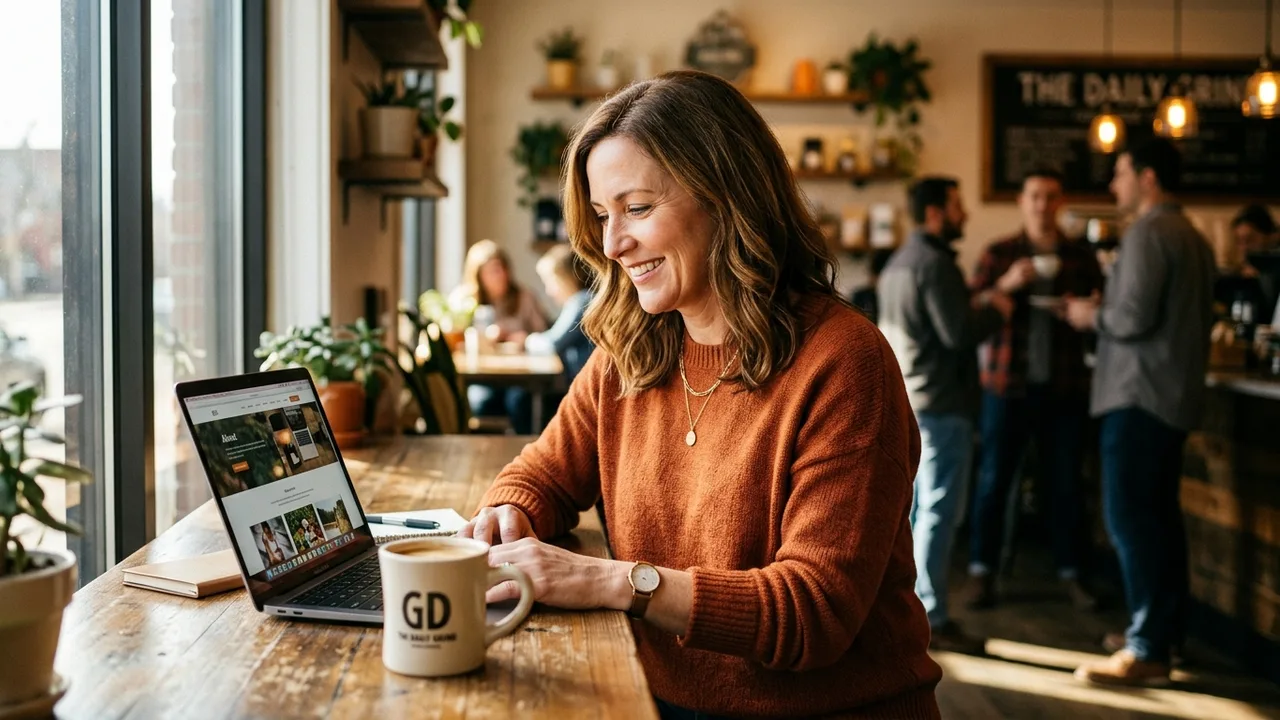 Small business owner reviewing a new website on a laptop in an Adelaide cafe